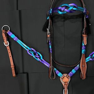 2026 Meilleures ventes, Haute qualité, Licol pour cheval en cuir tressé fait main, Tailles personnalisées, Dégradé bleu turquoise et violet, Style Western - Product Image 4