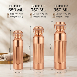 Pure Copper Water <b>Bottle</b> Ribbed Design Reusable Drinking <b>Bottle</b> Leakproof Lid Handmade Kitchenware Wholesale Export Supplier B2B - Product Image 6