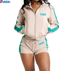 Ensembles de survêtements courts d'été Hip Hop pour femmes, 2 pièces, veste à fermeture éclair et shorts, 100% coton respirant, séchage rapide, écologiques, manches longues - Product Image 1