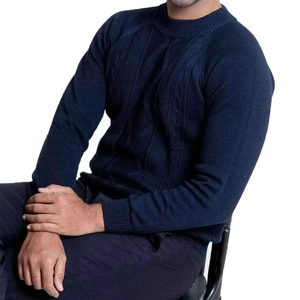 Men's Navy Blue Wool Knitted Pullover Sweater Full Sleeve Solid Color Winter Thick <b>Cable</b> Knit Style Knitted Sweaters - Product Image 4