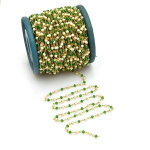 Chaîne de chapelet en perles blanches et vertes chromées, perles rondes facettées, fil plaqué or, chaîne de bijoux en vrac - Product Image 1