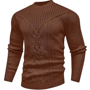 Pull thermique tricoté marron à col rond, motif gaufré, coupe classique, couleur unie, anti-boulochage, côtelé - Product Image 1