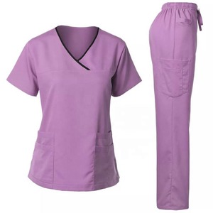Women <b>Scrub</b> Set <b>Purple</b> V-Neck Short Sleeve Top With Pockets And Elastic Waist <b>Scrub</b> Suit - Product Image 1