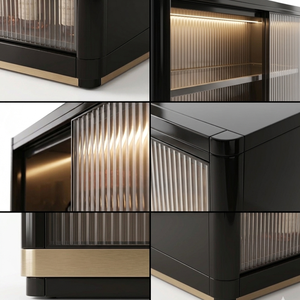 Armoire à vin de luxe moderne en bois massif et verre cannelé avec portes coulissantes, durable, avec éclairage, design autoportant - Product Image 2