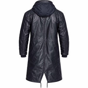 <b>Men's</b> Dark <b>Navy</b> Leather Long Parka <b>Coat</b> Winter Fashion Full Zip Jacket Waterproof Breathable Quick Dry Multi Pockets - Product Image 2