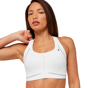 Sujetador deportivo de alto soporte para mujer con logo personalizado, de nailon y elastano, espalda cruzada, top de yoga de alto rendimiento, ropa de gimnasio y fitness, color blanco liso. - Product Image 5