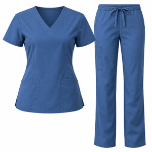 Conjunto de Uniforme Médico Azul Cobalto para Mujer, Blusa con Cuello en V y Manga Corta con Bolsillos, Pantalones Rectos con Cordón, Uniforme de Enfermería para Uso Diario - Product Image 6