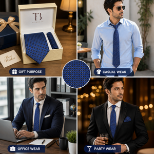 Premium <b>Red</b> Blue Geometric Silk Tie Set for Men with Pocket Square <b>Gift</b> <b>Box</b> | Formal Business Wedding Necktie | India 2026 Style - Product Image 3