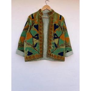 Premium Green Floral Embroidered Knitted Breathable Cotton Suzani <b>Jacket</b> Autumn Winter Regular Coat Gift Her - Product Image 3