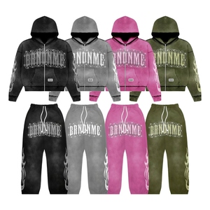 Men's French Terry 320GSM Embroidered <b>Knitted</b> Vintage Wash Zip Hoodie Pants Sweatsuit <b>Set</b> Private Label Tracksuit - Product Image 1