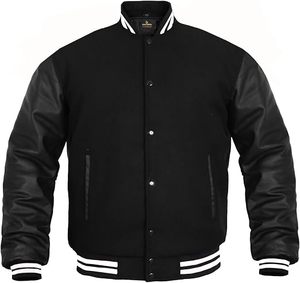 Veste varsity noire pour homme, manches en cuir PU, col rabattu, boutons sur le devant, vêtement décontracté pour l'automne - Product Image 5