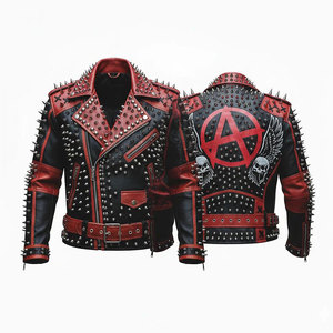 Men's Red & Black Spiked <b>Gothic</b> Leather <b>Jacket</b> - Anarchy Symbol & Winged Skulls Punk Aggressive Biker <b>Jackets</b> - Product Image 1