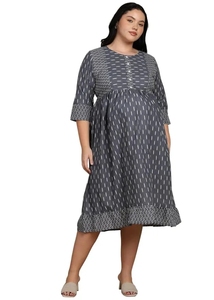 Vestido de Maternidad para Mujer, Cuello Redondo, Manga Tres Cuartos, Estampado Geométrico, Largo hasta la Rodilla, Corte Regular, Casual, Primavera Verano, 100% Transpirable - Product Image 1