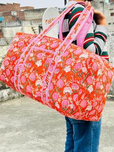 Handmade Floral Print Cotton Quilted Foldable Luxury Duffel Bag Striped Trim Zipper Closure Large Capacity Weekender <b>Luggage</b> - Product Image 1