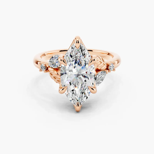 Bague de fiançailles en or massif 18 carats avec diamant de laboratoire taille marquise et pierres latérales motif feuille pour femme, bijoux fins - Product Image 6