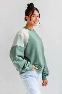 Women's Color Block Crewneck Sweatshirt Casual Lantern Sleeve Pullover <b>Top</b> - Product Image 2