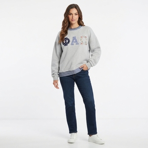 Women's Light Blue Embroidered Greek Letter <b>Crewneck</b> Sweatshirt Oversized Knitted Long Sleeve Autumn Wear - Product Image 3