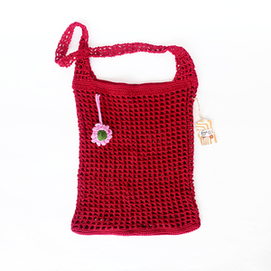 Bolso de hombro de malla de nailon tejido a crochet hecho a mano, rojo, con diseño calado y dije de flor, estilo arte puro, bolsos de moda artesanales - Product Image 2