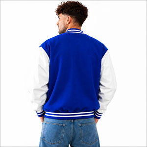 Blue White Contrast Knitted Varsity <b>Jacket</b> Full Sleeve Button Collar Regular Fit <b>Spring</b> Wear <b>Women</b> Award Varsity - Product Image 3