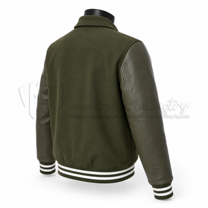 Chaqueta Varsity Verde Oliva para Hombre con Mangas de Cuero, Cuello Camisero, Ropa Casual de Otoño - Product Image 2
