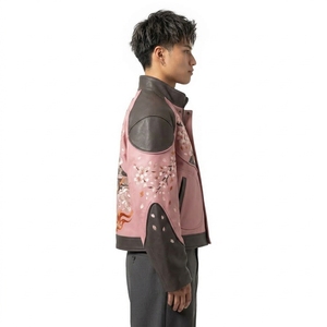 Men's <b>Pink</b> Leather Bomber <b>Jacket</b> With Cherry Blossom Embroidery And Mount Fuji Design Spring Japan Style Turn-down Collar Zipper - Product Image 3