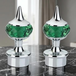 Glam Chrome Finials with Green Crystal Knobs Contemporary <b>Curtain</b> Rod Ends - Product Image 1