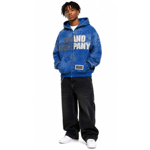 Sweat-shirt à capuche zippé pour homme grande taille, tricoté, style streetwear, imprimé lettres bleues, collection automne - Product Image 4