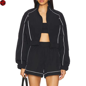 Conjunto Deportivo de Chaqueta y Pantalones Cortos para Mujer, con Cierre, Diseño de Rayas en Contraste, Ropa Deportiva Informal de Dos Piezas - Product Image 2