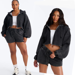 Women's Trendy Crop Zipper Hoodie and Drawstring Shorts Sets Plus Size &Slim Fitted Casual Fashion Regular Clothing Manufacturer - Product Image 5