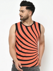 Camiseta sin mangas para hombre, a rayas naranja y negras, cuello redondo, informal, de punto, transpirable, de poliéster, ajustada - Product Image 2