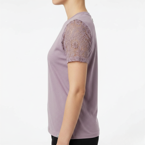 Camiseta de Mujer de Primera Calidad, con Detalle de Encaje, Tejida, Transpirable, de Color Sólido, Cuello Redondo, Manga Corta, Informal, para Primavera y Verano - Product Image 3