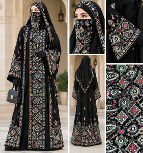 Embroidered Brocade Velvet 9000 <b>Fabric</b> Black With Colorful Floral And Geometric Patterns For Home Textile Use abaya kaftan jacke - Product Image 4