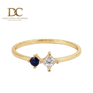 Bague ethnique en or jaune massif 14 carats avec diamant de laboratoire et saphir bleu royal de laboratoire, bijoux fins pour femmes certifiés IGI - Product Image 1