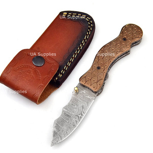 UA Supplies DIY Customized <b>Copper</b> Handle Hand Engraved Damascus Steel Hunting Outdoor Pocket Folding Knife Thumb <b>Knob</b> Liner Lock - Product Image 6