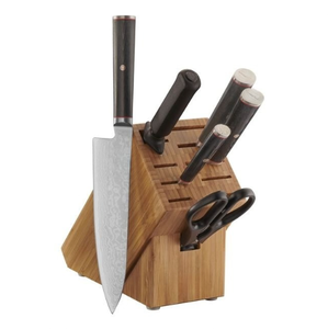 Brown Wood Holder <b>Kitchen</b> Knives with <b>Black</b> <b>Handles</b> Silver Blades Scissors and Honing Rod for Vegetable Slicing and Food Prep - Product Image 1
