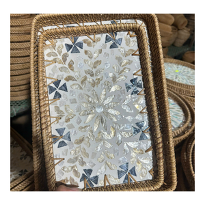 Premium Eco-Friendly Durable Rattan Woven <b>Tray</b> with Mother Pearl Inlay Handmade Fruit <b>Storage</b> <b>Tray</b> for Elegant Home Decoration - Product Image 5