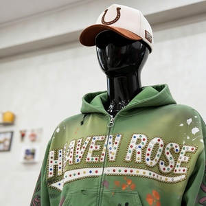 Sudadera con capucha con cremallera personalizada OEM con pedrería, estilo oversize, lavado ácido, estampado de grafiti y llamas, ropa urbana al por mayor, estilo punk Y2K - Product Image 6