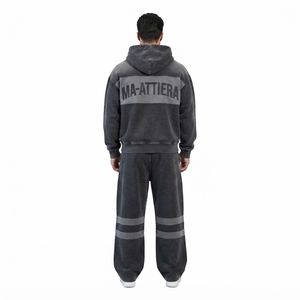 Ensemble de survêtement deux pièces pour homme, sweat à capuche zippé et pantalon de jogging large, couleur noire délavée, style color block - Product Image 2
