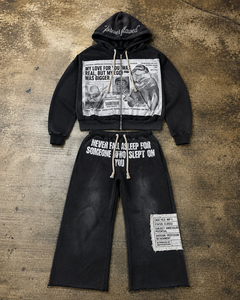 Custom Eco-Friendly Breathable 100% Cotton Winter Streetwear Zip <b>Hoodie</b> Wide Leg Sweatpants Set Newspaper Graphic Patch - Product Image 1