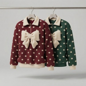 เสื้อสเวตเชิ้ตผ้าฟลีซลายจุดสีดำสำหรับผู้หญิง พร้อมโบว์สีขาวประดับ คอปกพับ แขนยาว สไตล์หวาน สำหรับใส่ในฤดูหนาว - Product Image 4