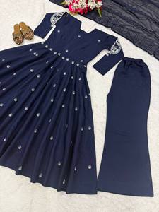 Elegante conjunto de salwar kameez de algodón azul marino para mujer, vestido tradicional modesto, ropa informal, especial para festivales, estilo India-Pakistán - Product Image 2