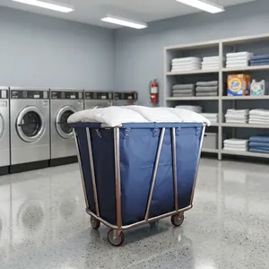 Chariot de blanchisserie robuste en lin bleu avec sac en tissu durable pour hôtels, hôpitaux et services hôteliers - Product Image 5
