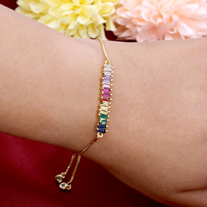 925 Sterling Silver Gold Plated <b>Rainbow</b> CZ Bar <b>Bracelet</b> for Women Adjustable Slider Chain <b>Bracelet</b> Colorful Gemstone Jewelry - Product Image 5