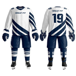 Conjunto de Uniforme de Hockey para Hombre, Corte Excelente, Color Blanco y Azul Marino, Impresión por Transferencia de Calor, Transpirable, 100% Poliéster, Servicio OEM, ELEGANTE - Product Image 1