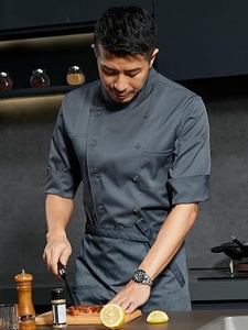 เสื้อเชฟแขนสั้นผู้ชาย สีเทา โพลีเอสเตอร์ ทอแบบมีกระดุม ปิดด้วยกระดุม ชุดยูนิฟอร์มร้านอาหารบาร์ - Product Image 6