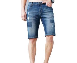 Men's Ripped Denim Bermuda Shorts Mid Waist <b>Button</b> <b>Fly</b> Casual Style Patchwork Cotton Fabric Woven Material - Product Image 4