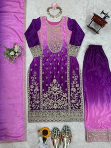 Conjunto de Diseño Indio: Top de Seda Chinon Sombreada con Codificación Dori, Bordado con Lentejuelas e Hilos, Pantalón Palazzo y Dupatta con Trabajo de Codificación Dori y Lentejuelas - Product Image 1