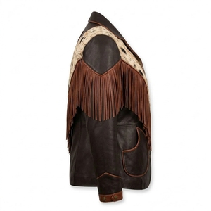 Piping Edge Notch Lapel Womens Genuine Leather <b>Jacket</b> Natural Cowhide Fur Heavy <b>Fringe</b> Diagonal Striped Blazer - Product Image 3