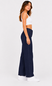 Vaqueros de mujer de cintura alta y pierna ancha en denim de algodón azul oscuro, corte holgado, largo completo, estilo casual para - Product Image 6