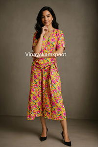 Vestido Maxi Casual con Estampado Floral Elegante en Amarillo Vibrante, Cuello en V, 100% Algodón, con Cintura Ajustable y Mangas Cortas - Product Image 6